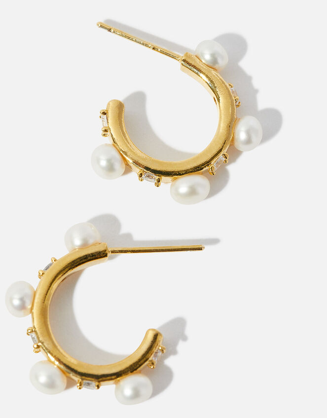 14ct Gold-Plated Pearl Station Hoop Earrings, , large