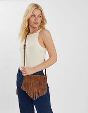 Suede Fringe Crossbody Bag, Tan (TAN), large