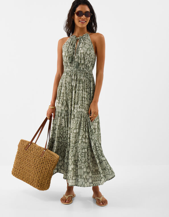 Printed Halter Neck Maxi Dress, Green (KHAKI), large