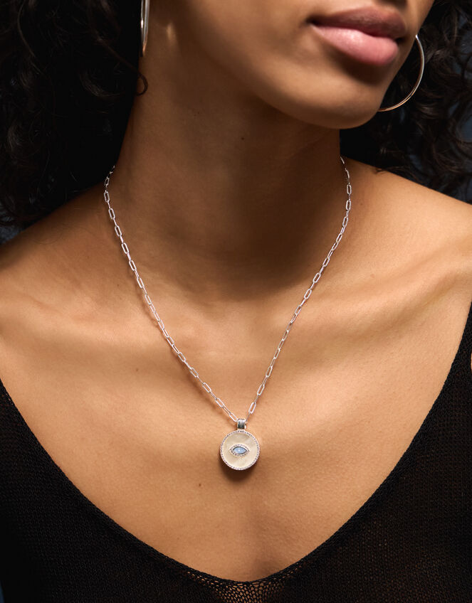 Sterling Silver-Plated Evil Eye Pendant Necklace, , large