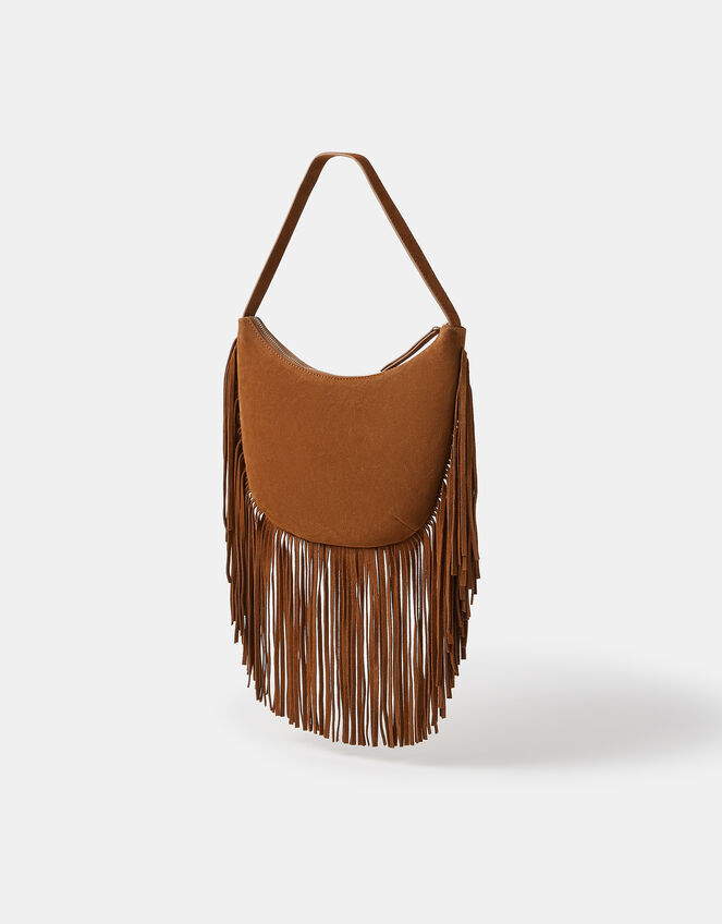 Leather Fringe Scoop Shoulder Bag, , large