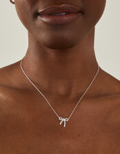 Sterling Silver-Plated Diamante Bow Pendant Necklace, , large