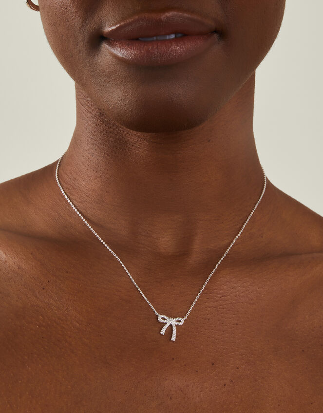Sterling Silver-Plated Diamante Bow Pendant Necklace, , large