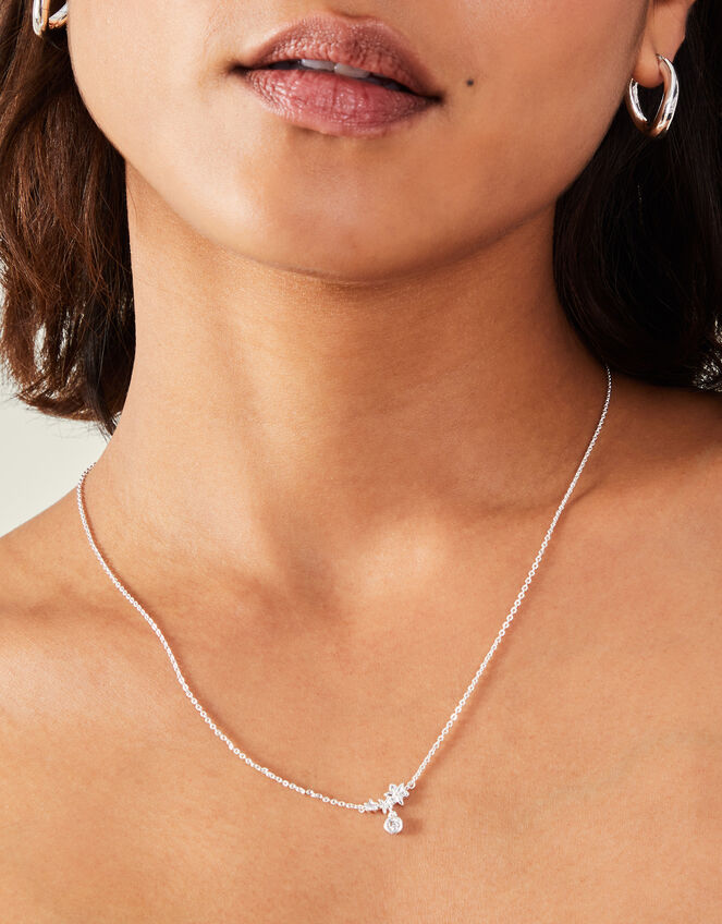 Sterling Silver-Plated Diamante Flower Necklace, , large