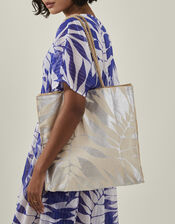 Metallic Leaf Print Shopper Bag, , large