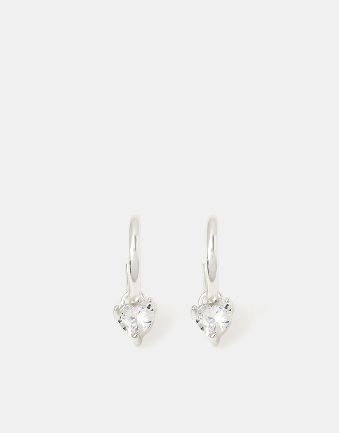 Sterling Silver Diamanté Heart Drop Hoop Earrings, , large