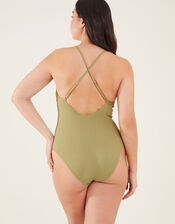 Crinkle Scoop Neck Swimsuit, Green (KHAKI), large
