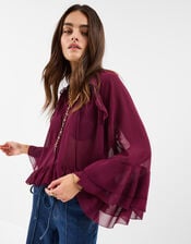 Ruffle Chiffon Blouse, Red (BURGUNDY), large