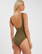 Texture Belted Swimsuit, Green (KHAKI), large