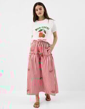 Cherry Embroidered Stripe Midi Skirt, Red (RED), large