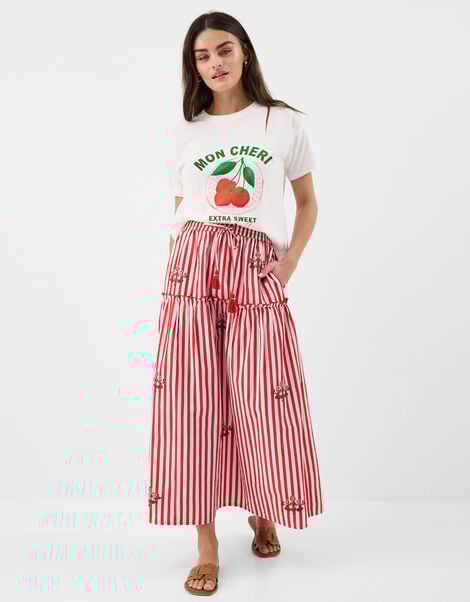 Cherry Embroidered Stripe Midi Skirt, Red (RED), large