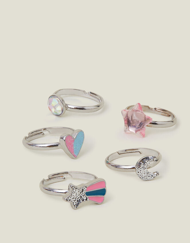 5-Pack Girls Adjustable Celestial Glitter Rings, , large