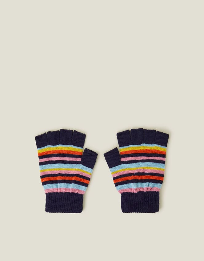 Stripe Fingerless Gloves, Blue (NAVY), large