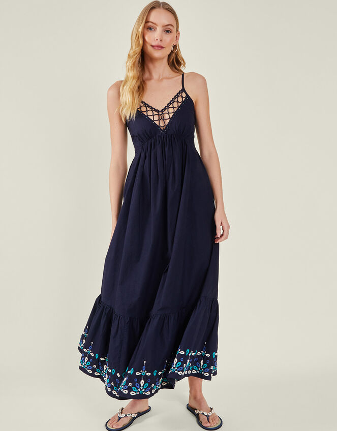 Embroidered Hem Sun Dress, Blue (NAVY), large