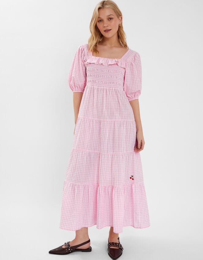 Cherry Gingham Puff-Sleeve Maxi Dress, Pink (PINK), large