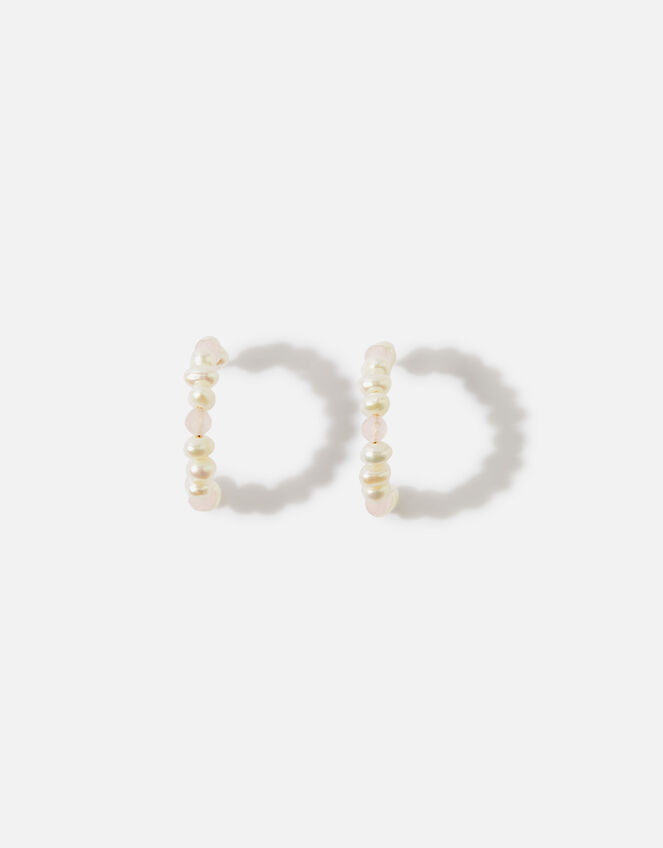 14ct Gold-Plated Pearl and Rose Quartz Hoop Earrings, , large