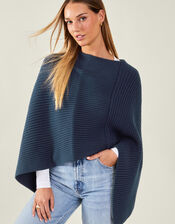 Ribbed Poncho, Blue (NAVY), large
