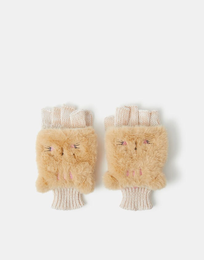 Girls Fluffy Cat Fingerless Gloves, Camel (BEIGE), large