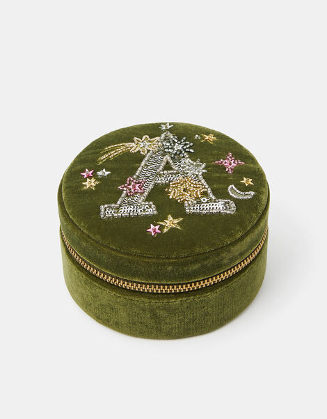 Round Initial Velvet Jewellery Box, Green (OLIVE), large