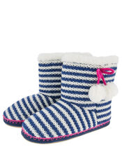 Stripe Pom-Pom Knit Slipper Boots, Blue (NAVY), large