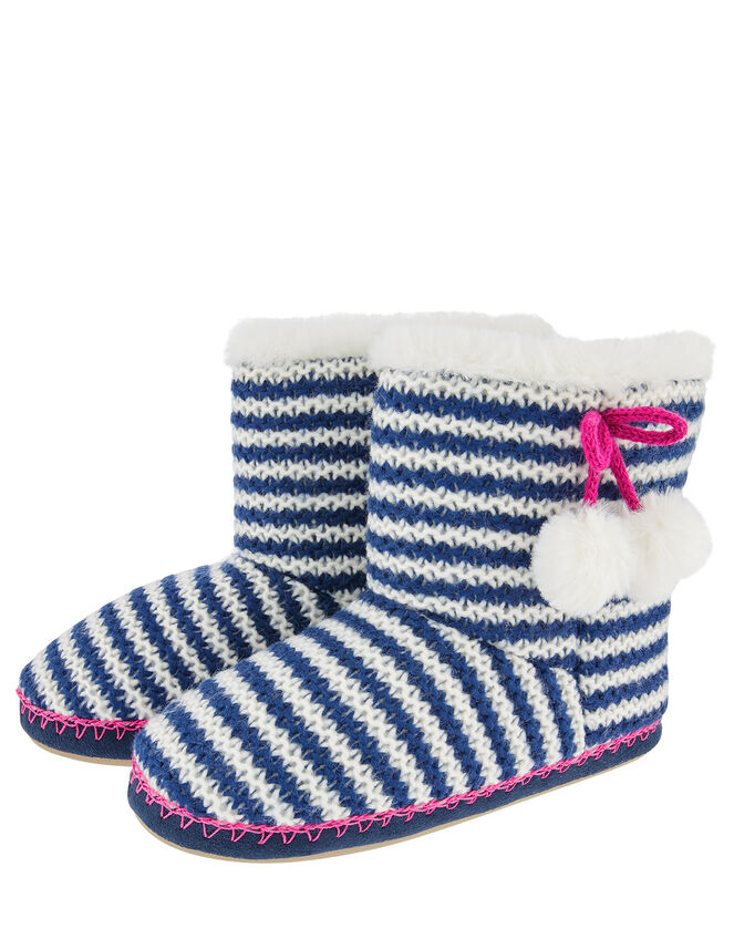 Stripe Pom-Pom Knit Slipper Boots, Blue (NAVY), large