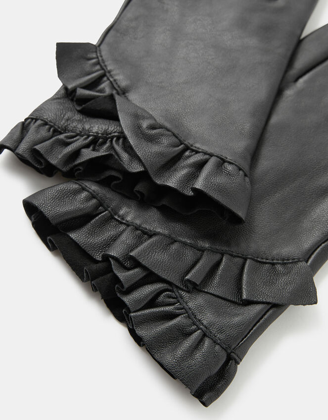 Frill Trim Leather Gloves, Black (BLACK), large