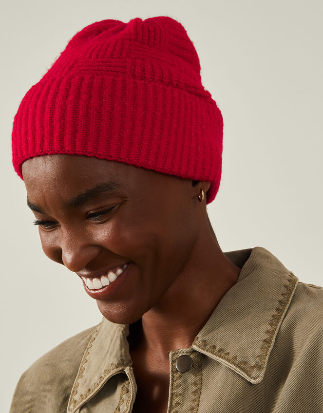 Knitted Rib Check Beanie Hat, Red (RED), large