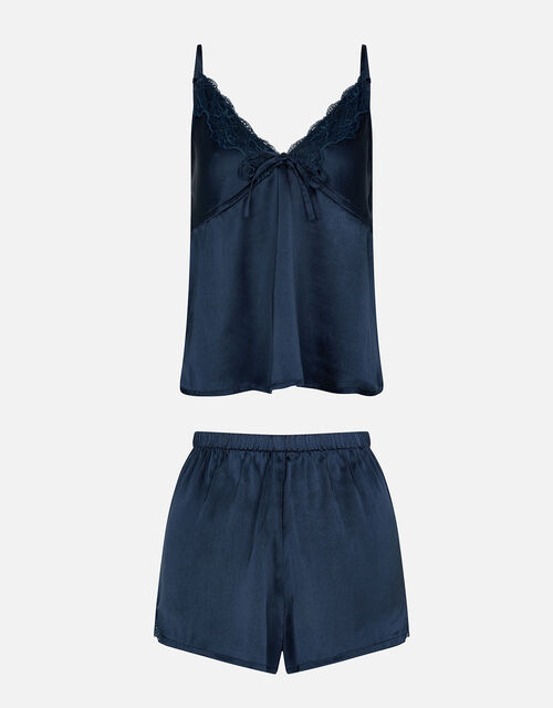 Satin Tie Front Vest Pyjama Set, Blue (NAVY), large