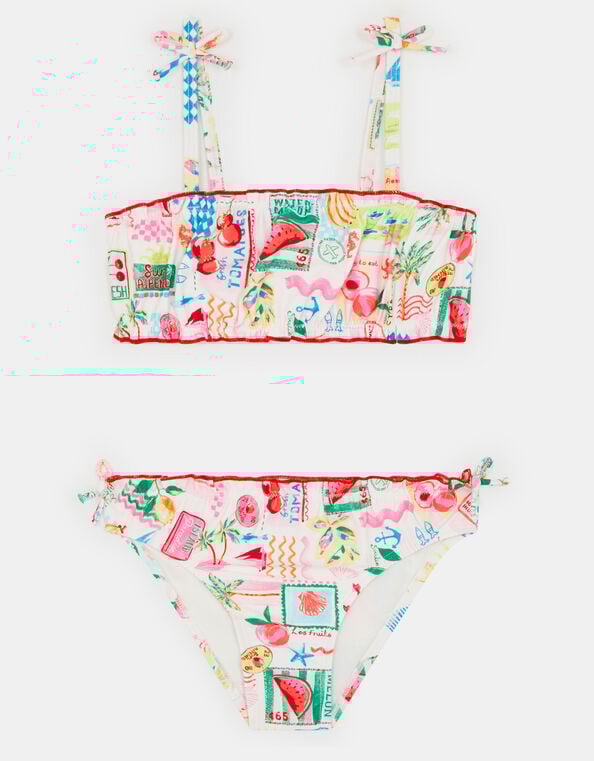 Girls Postcard Print Bikini Set, Multi (PASTEL MULTI), large