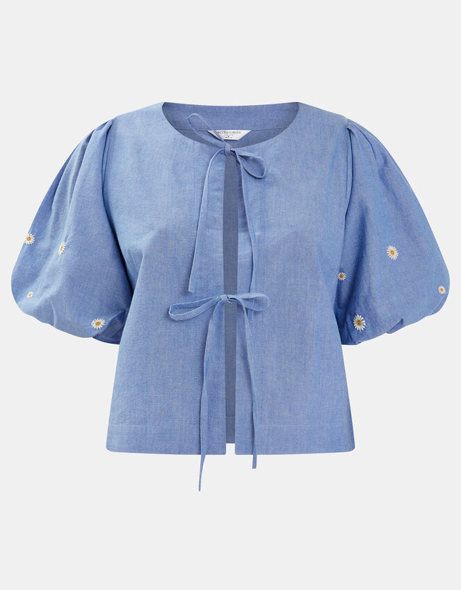 Daisy Puff-Sleeve Tie Top, Blue (BLUE), large