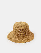 Beaded Flower Straw Bucket Hat, , large