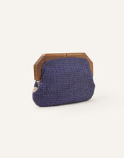 Raffia Beaded Wooden Frame Clutch Bag, Blue (NAVY), large