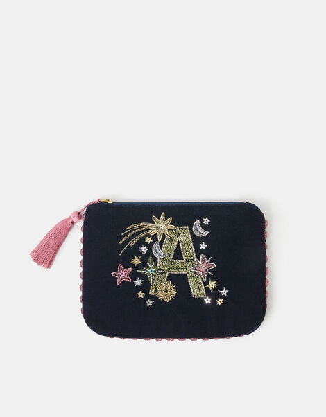 Embellished Initial Velvet Pouch, Blue (NAVY), large