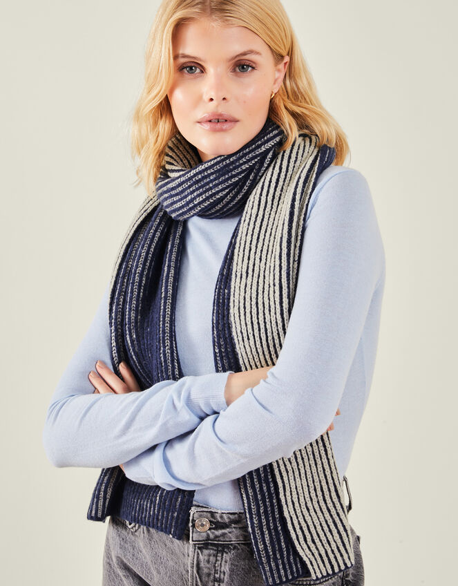 Contrast Rib Knit Scarf, Blue (NAVY), large