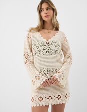 Crochet Long Sleeve Cover Up, Natural (NATURAL), large