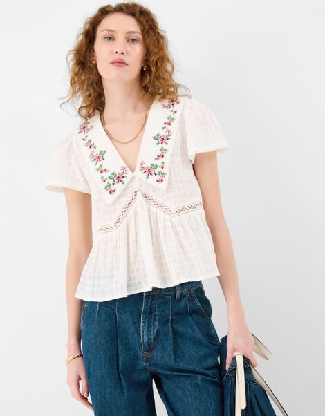 Floral Embroidered Collar Blouse, Ivory (IVORY), large