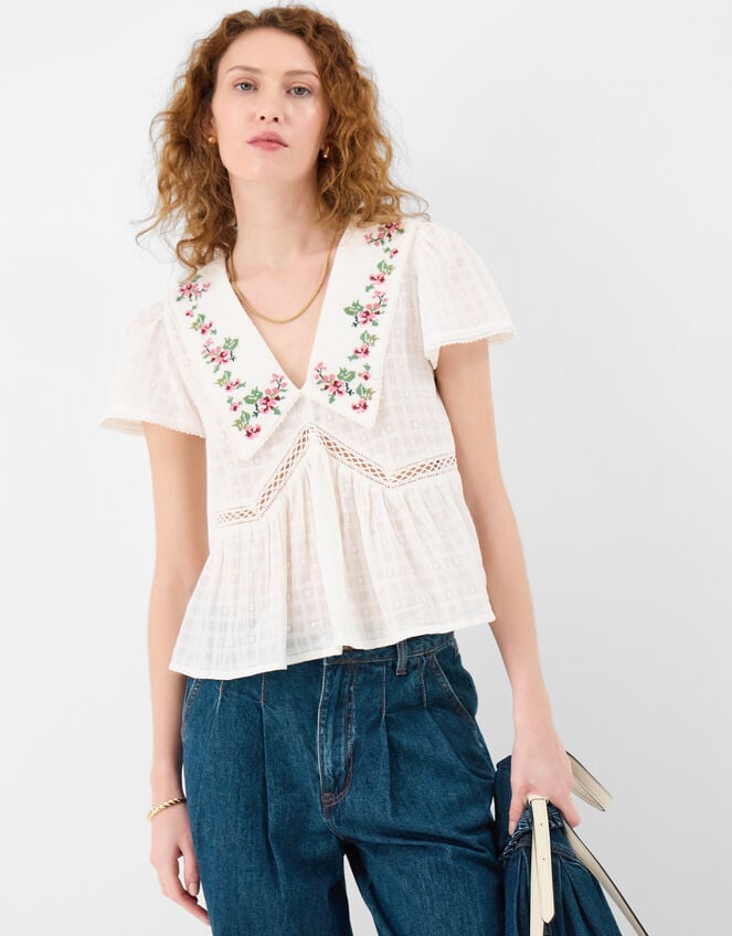 Floral Embroidered Collar Blouse, Ivory (IVORY), large