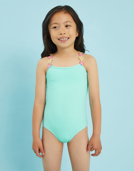 Girls Flower Strap Swimsuit , Blue (BLUE), large