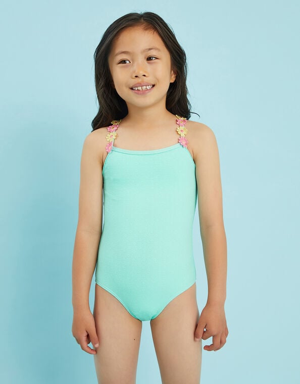 Girls Flower Strap Swimsuit , Blue (BLUE), large