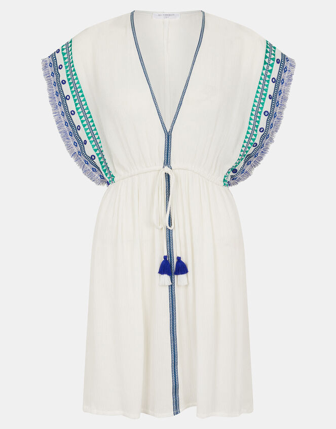 Embroidered Fringe Mini Kaftan, White (WHITE), large