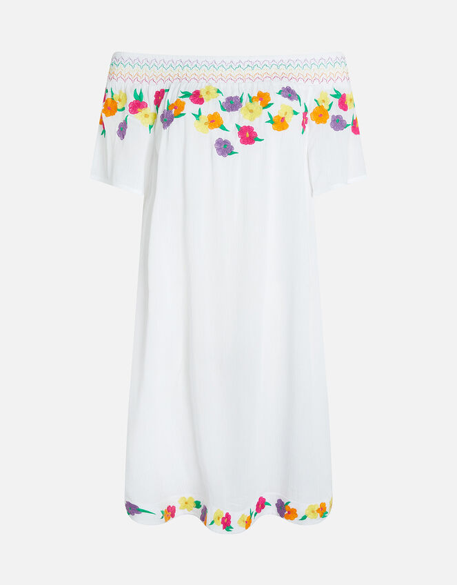 Pop Floral Embroidered Bardot Dress, Ivory (IVORY), large