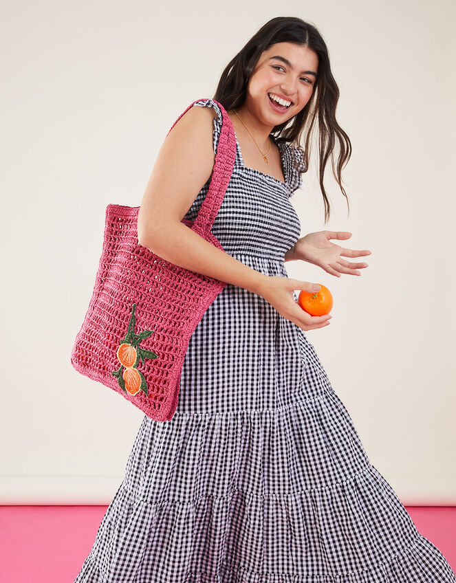 Raffia Crochet Beach Shopper Bag, Pink (PINK), large