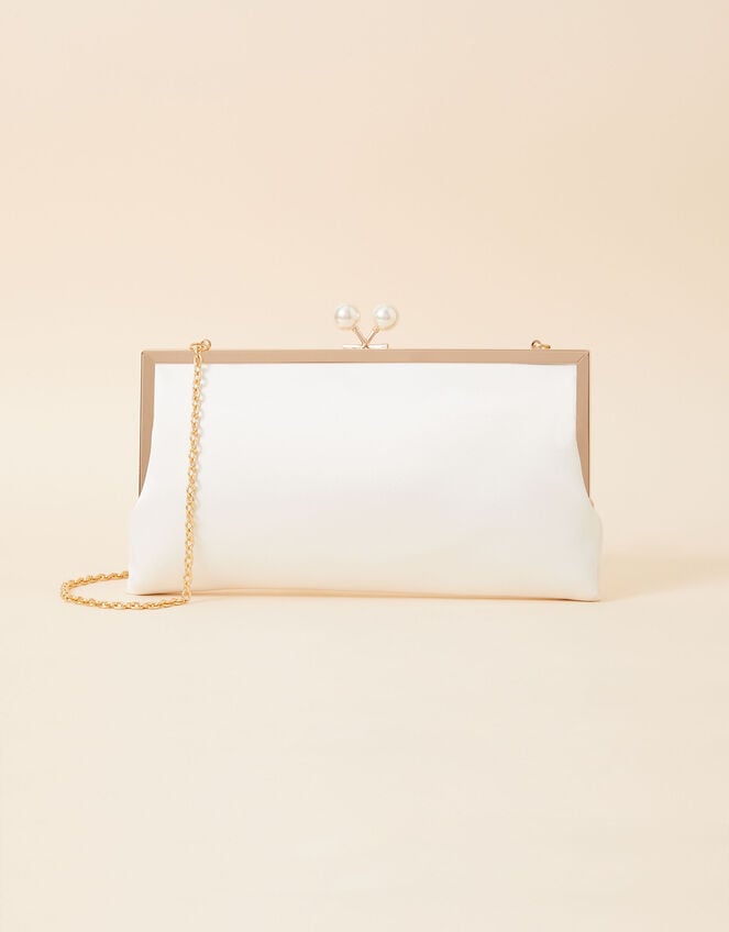 Bridal Pearl Clasp Satin Clutch Bag, , large