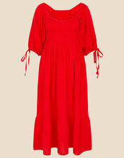 Puff Sleeve Textured Midi Dress, Red (RED), large
