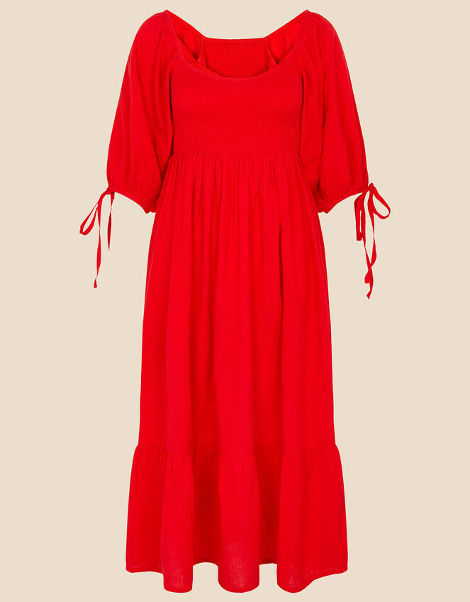 Puff Sleeve Textured Midi Dress, Red (RED), large