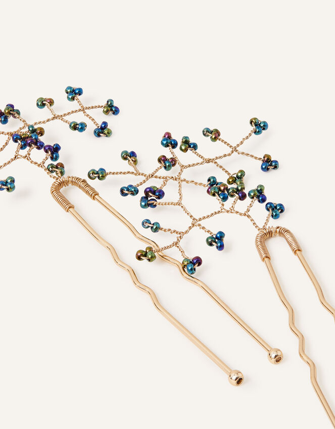 Delicate Beaded Leaf Hair Pins Set of Two, , large