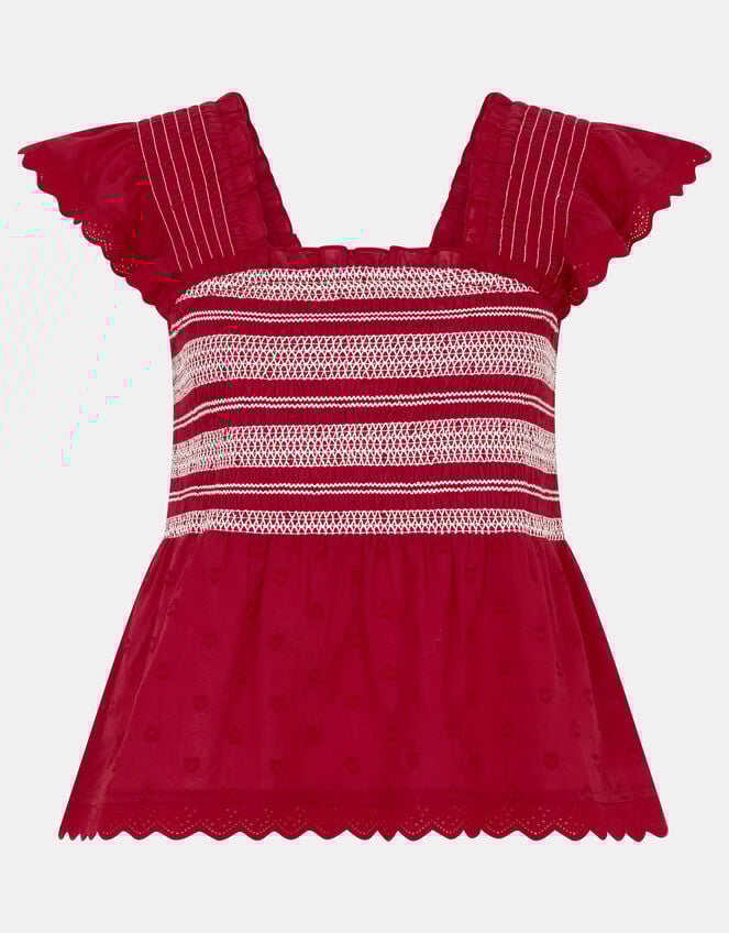 Smocked Broderie Top, Red (RED), large