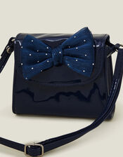 Girls Patent Diamante Bow Bag, Blue (NAVY), large