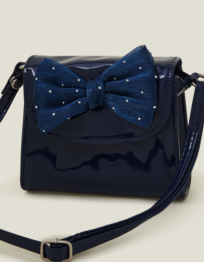 Girls Patent Diamante Bow Bag, Blue (NAVY), large