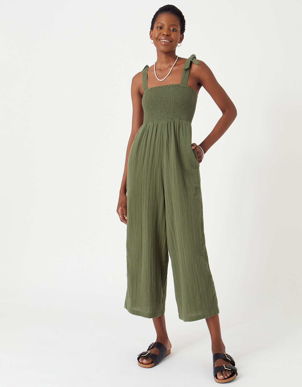 Seersucker Tie Shoulder Jumpsuit Green Summer holiday jumpsuits